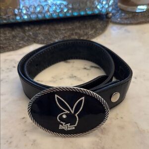 Vintage PLAYBOY Black Leather Belt with Silver Accents